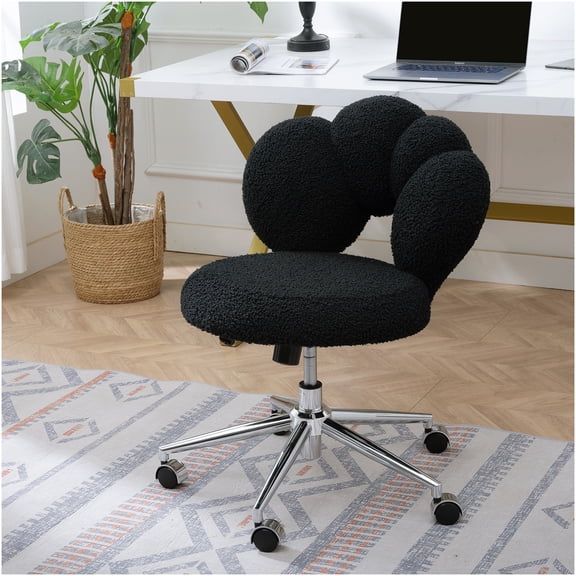 Black Teddy Fabric Office Chair with 360° Swivel and Adjustable Height, Ergonomic Desk Chair for Home and Study