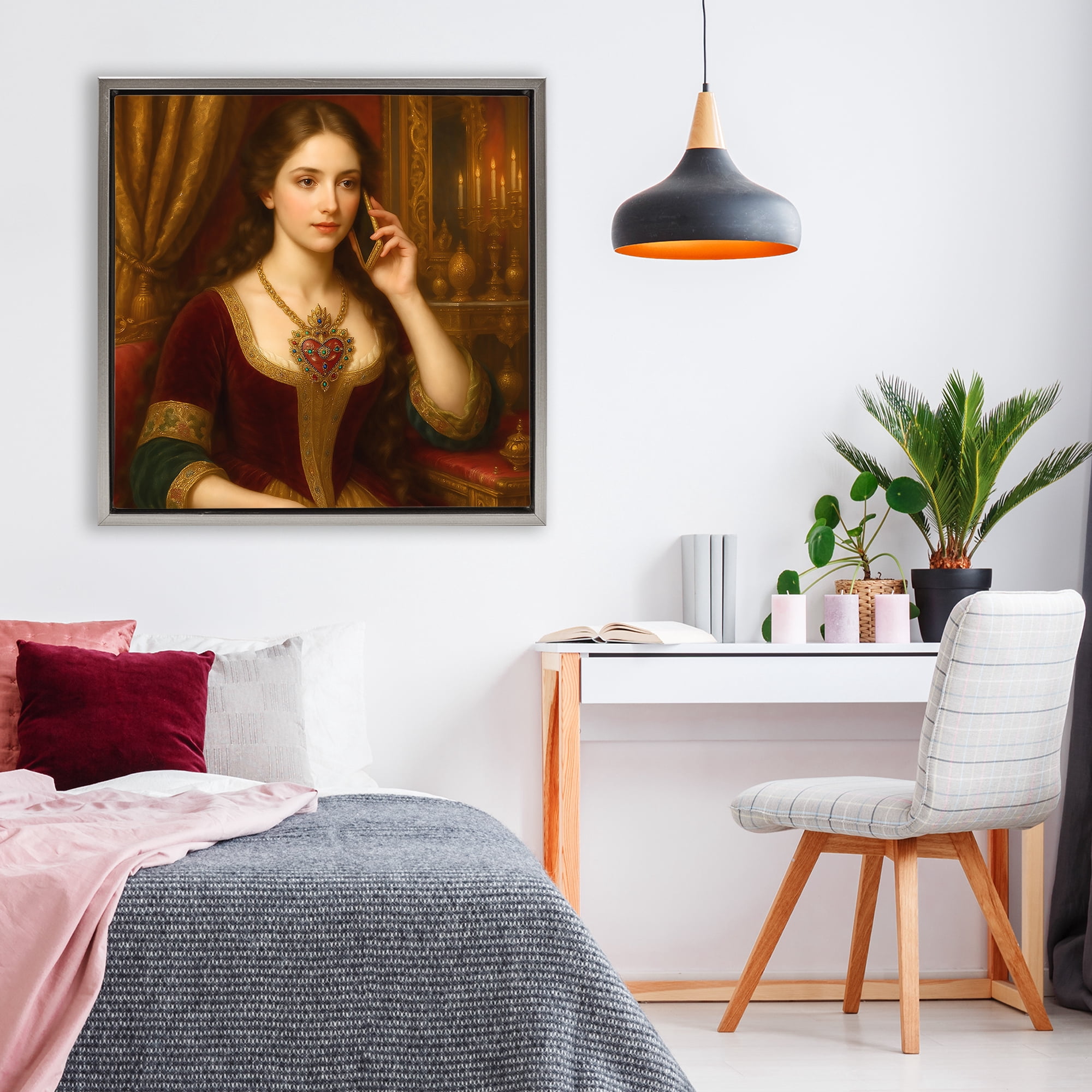 Stupell Industries Rococo Woman with Cell Phone Gray Framed Floater Canvas Wall Art, design by Grotto Studios