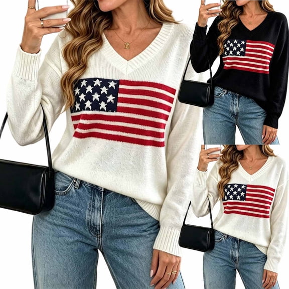Zylanna Women's Knit Pullover, Warm V Neck American Flag Jacquard Long Sleeve Loose Fit Casual Sweater for Daily Wear White