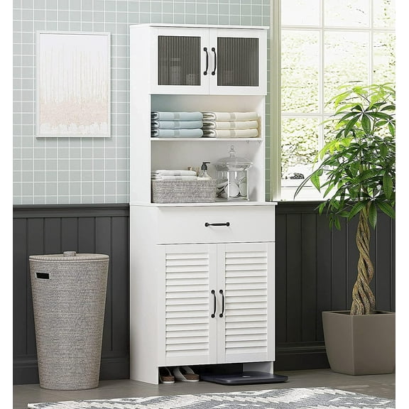 Spirich Tall Bathroom Storage Cabinet, Floor Cabinet with Double Doors and Drawers, Freestanding Storage Organizer for Bathroom, Living Room, Kitchen, Whtie