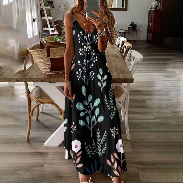 Lenago Robe de Maternité Grande Taille Femme Mode Bretelles Taille Mi-Haute Col en V Sans Manches Rayures Imprimées Robe Longue de Plage Été Robes de Plage en Liquidation