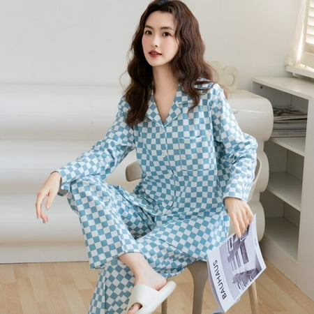 

QWZNDZGR Autumn Brand Combed Cotton Female Pajama Sets Elegant Women s Pyjamas Plaid Sleepwear Loungewear Pijama Mujer Nightwear Fashion