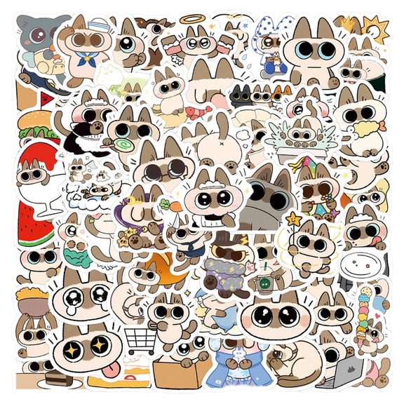 Siamese Cat Stickers, 100 Pcs Cute Cartoon Animal Vinyl Decals for Water Bottles Laptop Scrapbook Journal and DIY Stationery Decor