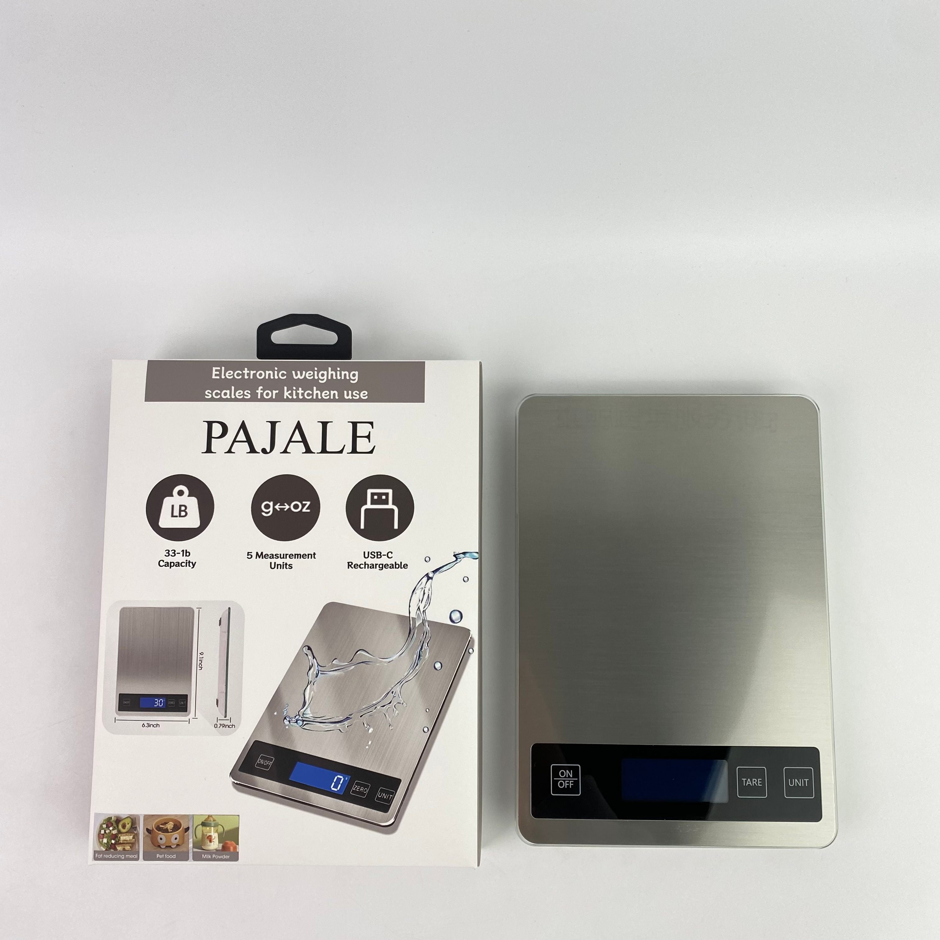 PAJALE Electronic weighing scales for kitchen use,33lb Food Scale, Digital Kitchen Scale Batteries and USB Charging,1g/0.05oz Precise Graduation (Stainless Steel)