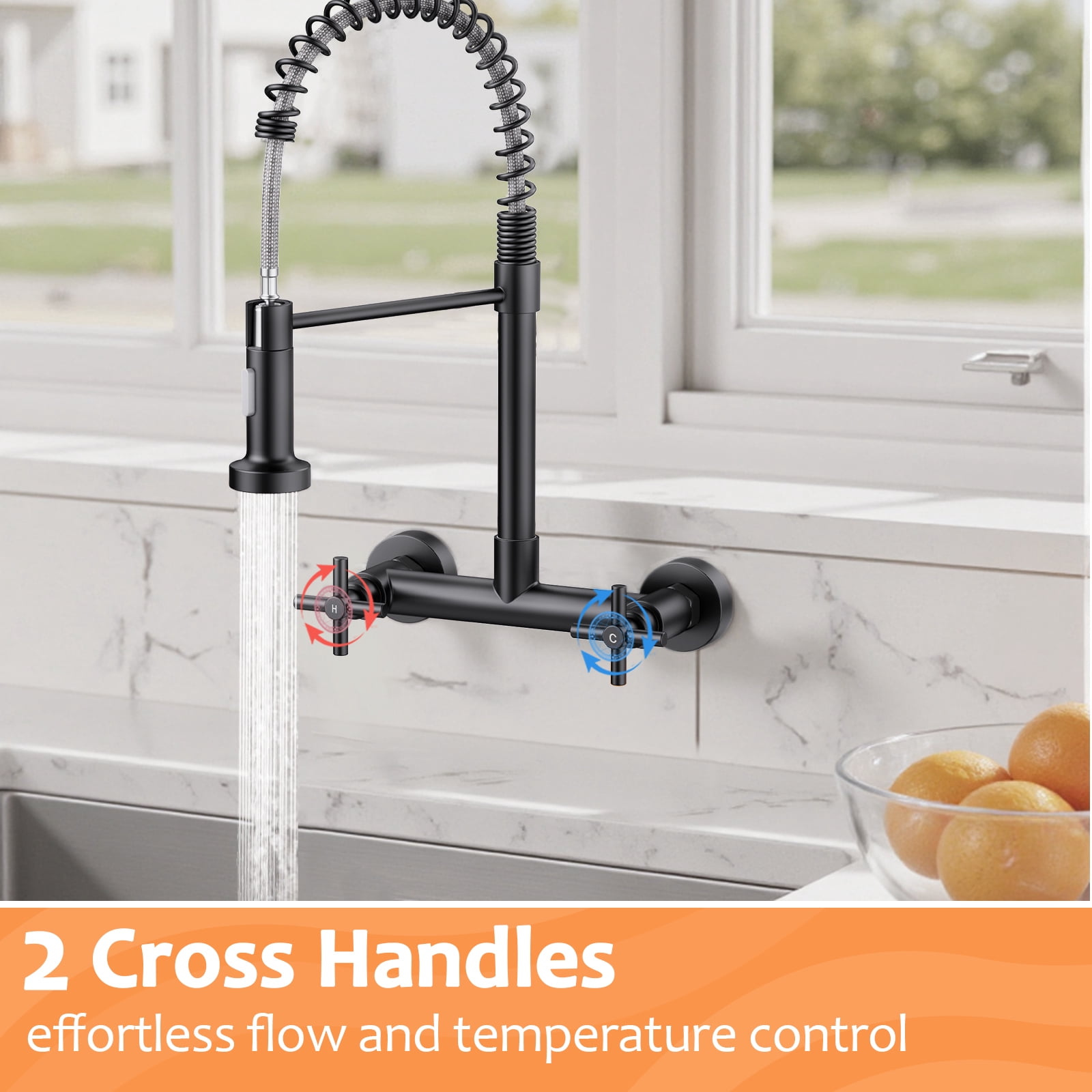 KINGTACK Wall Mount Kitchen Faucet,8 inch Commercial Sink Faucet with Sprayer, Dual Handles Utility Sink Faucet for Kitchen Laundry Restaurant, Matte Black