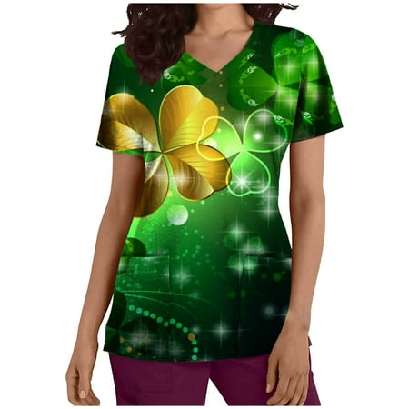 

MELDVDIB Womens St Patricks Day Nursing Scrub Tops Working Uniform Short Sleeve V Neck Workwear Casual Summer Blouse T Shirts with Pockets Gift on Clearance