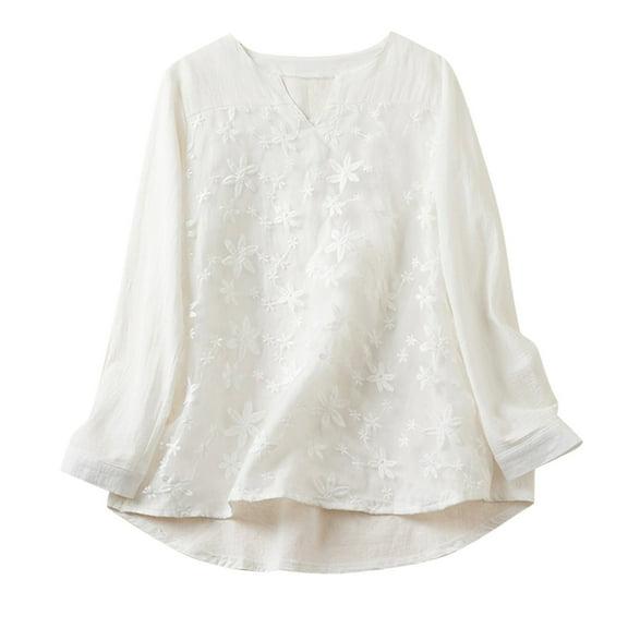 AherBiu Cotton Linen Tops for Women Dressy Casual Blouse Long Sleeve Embroidery Notch V Neck Shirts