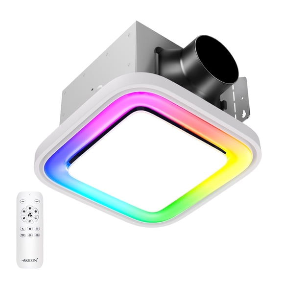 Akicon Bathroom Exhaust Fan with RGB LED Light, 110 CFM 1.5 Sone Ultra Quiet Bathroom Vent Fan for Ceiling, 3CCT Dimmable Light & Nightlight, Remote Control, Square, White