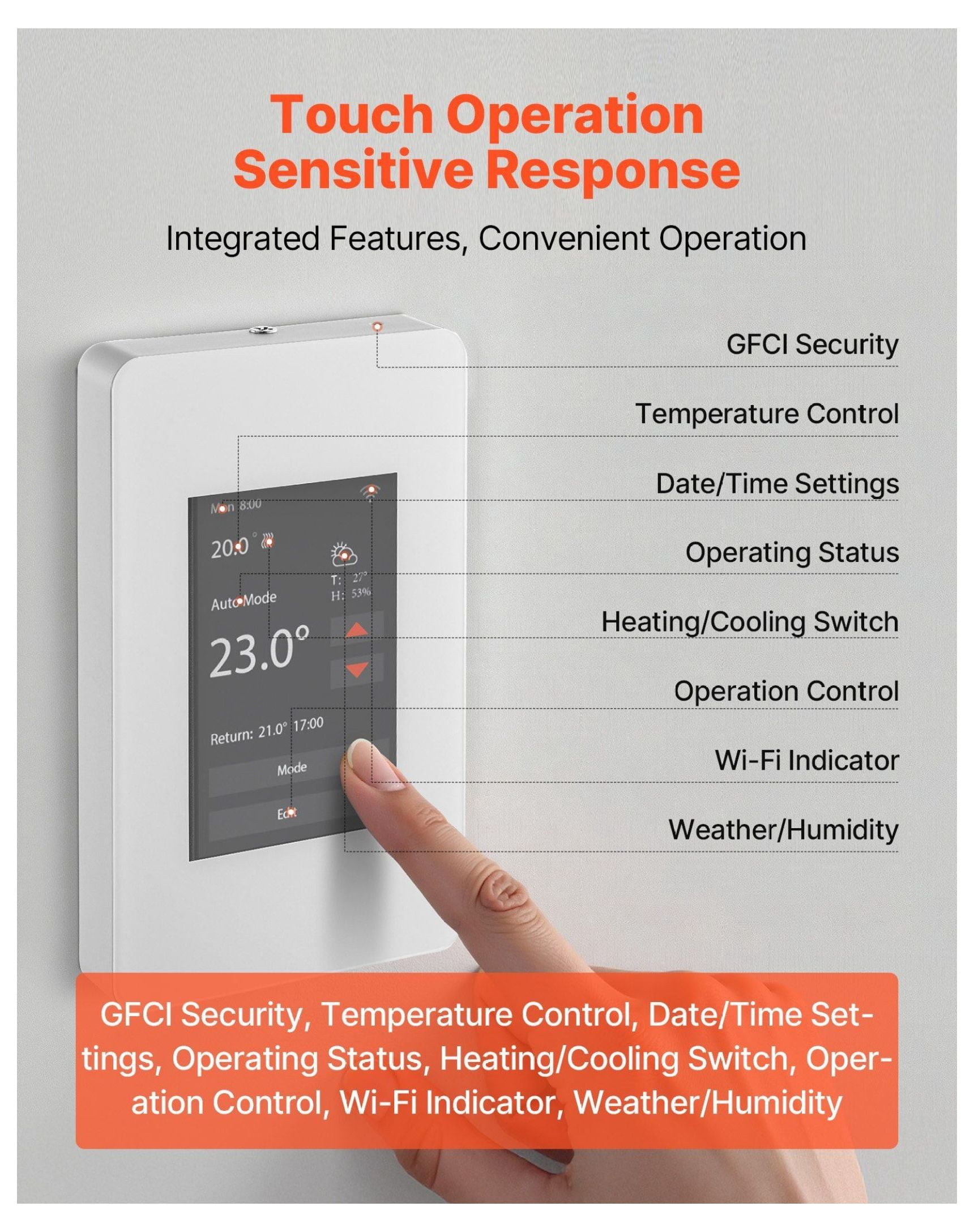 7-Day Thermostat for Home Heating, Programmable Thermostats for Radiant Floor, Heat Pump Compatible, GFCI, Touchscreen, Efficient - Gray-White