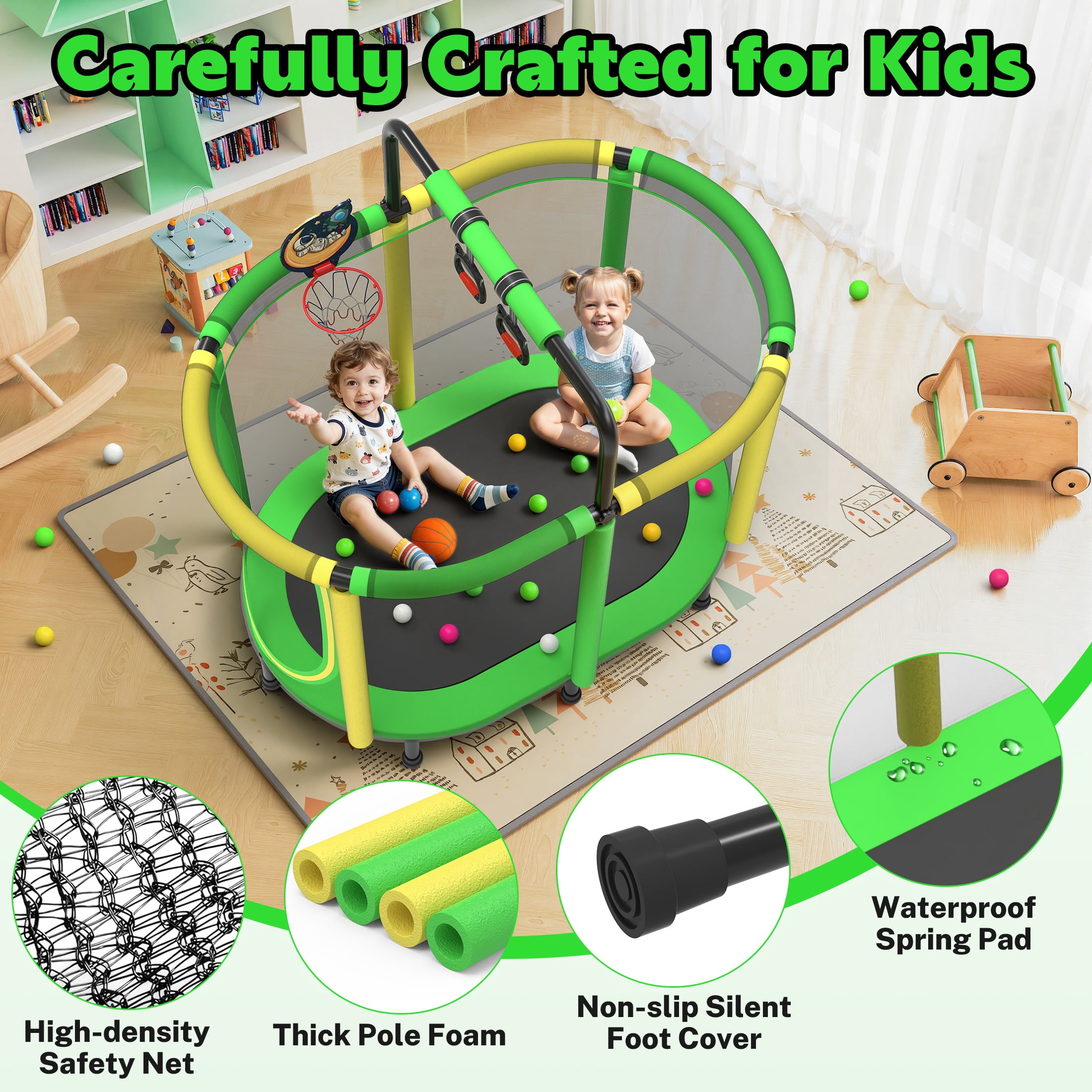 60" Toddler Trampoline with Enclosure Net, Kids Trampoline with Basketball Hoop, SHINPT Indoor Trampoline for Kids, Small Trampoline with Ocean Balls, Mini Trampoline with Rings, Gift for Boys Girls