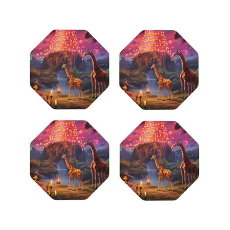 

Vsdgher Lantern Giraffes Magical Forest Leather Coasters for Drinks Durable Drink Coasters 4 Set for Tabletop Protection Luxurious Home Décor and Housewarming Gift-Octagon