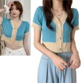 thumbnail image 2 of Blusa corta de punto con frente abierto Bloque de color Suéter de punto de manga corta con cuello en V y un solo pecho para desplazarse Azul Tamaño libre, 2 of 8
