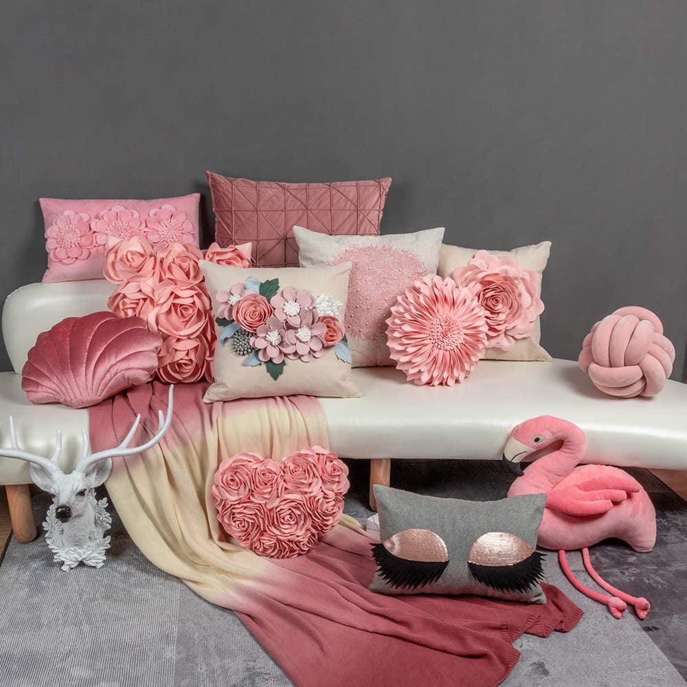 JWH 3D Handmade Square Flower Throw Pillow Cases for Room Sofa Bedding Couch Decoration 18x18inch Pink No Insert