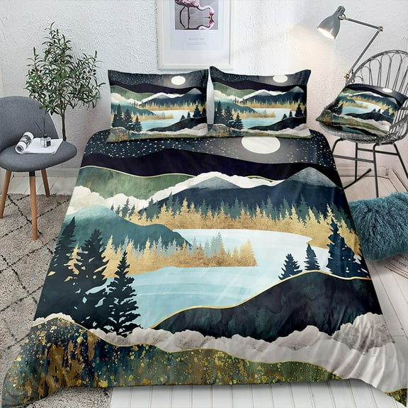 Nature River Bedding Set Starry Sky Duvet Cover Set Mountain River Forest Moon Printed Design Natura