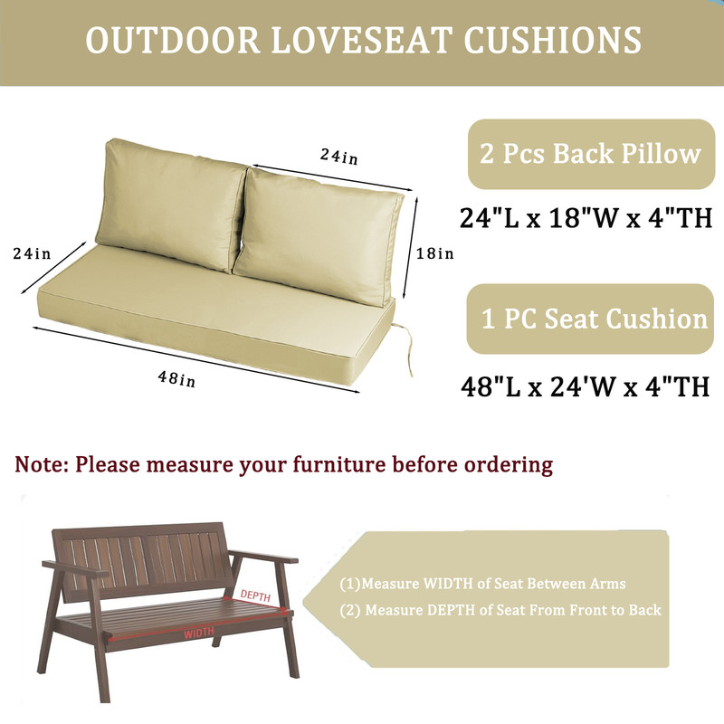 Outdoor Loveseat Cushion Set, Water Resistant chair cushion for patio furniture 48 x 24 inch, Outdoor Sofa replacement Cushions with Ties, Deep Seat Cushions（Beige）