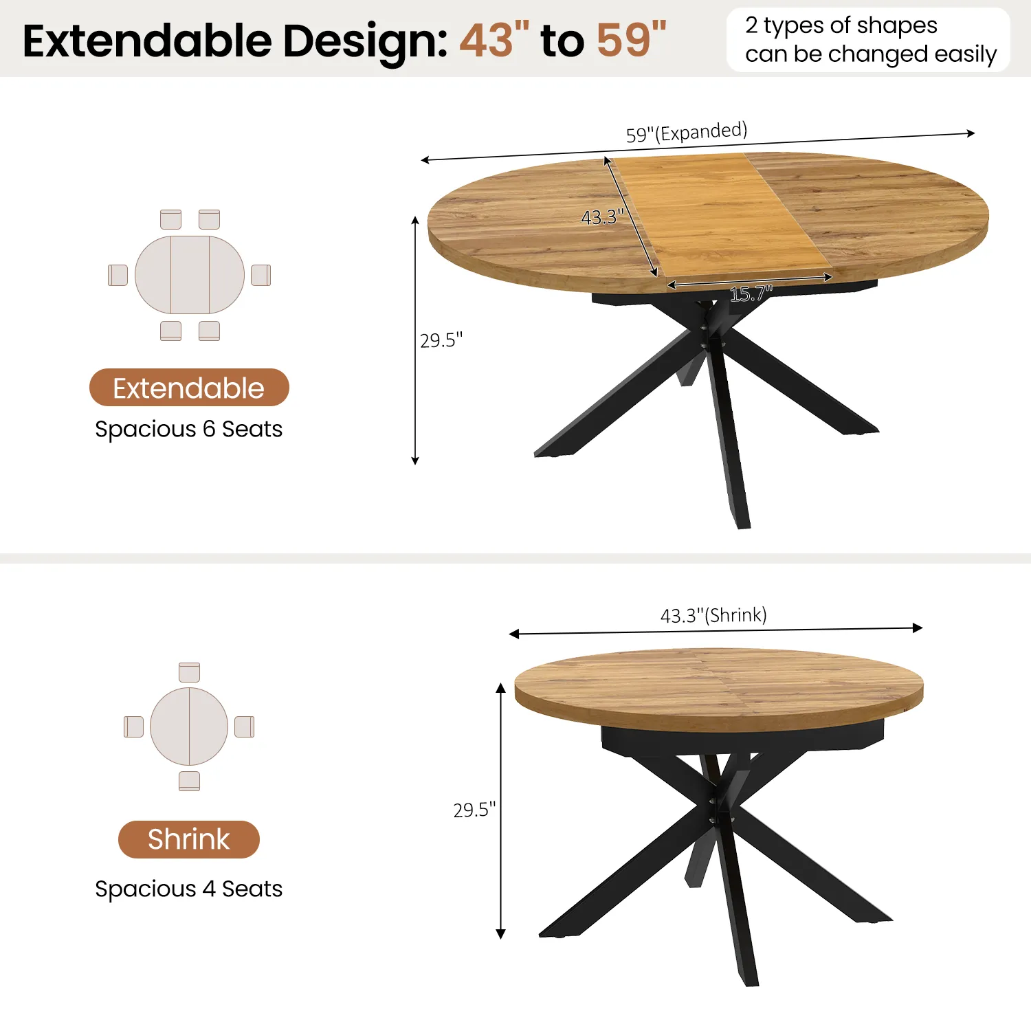 43.2"-59.2" Extendable Round Dining Table for 4-6,Mid Century Modern Wooden Round Table,Dining Room Table with Metal Frame for Dining Living Room ,Saving Space