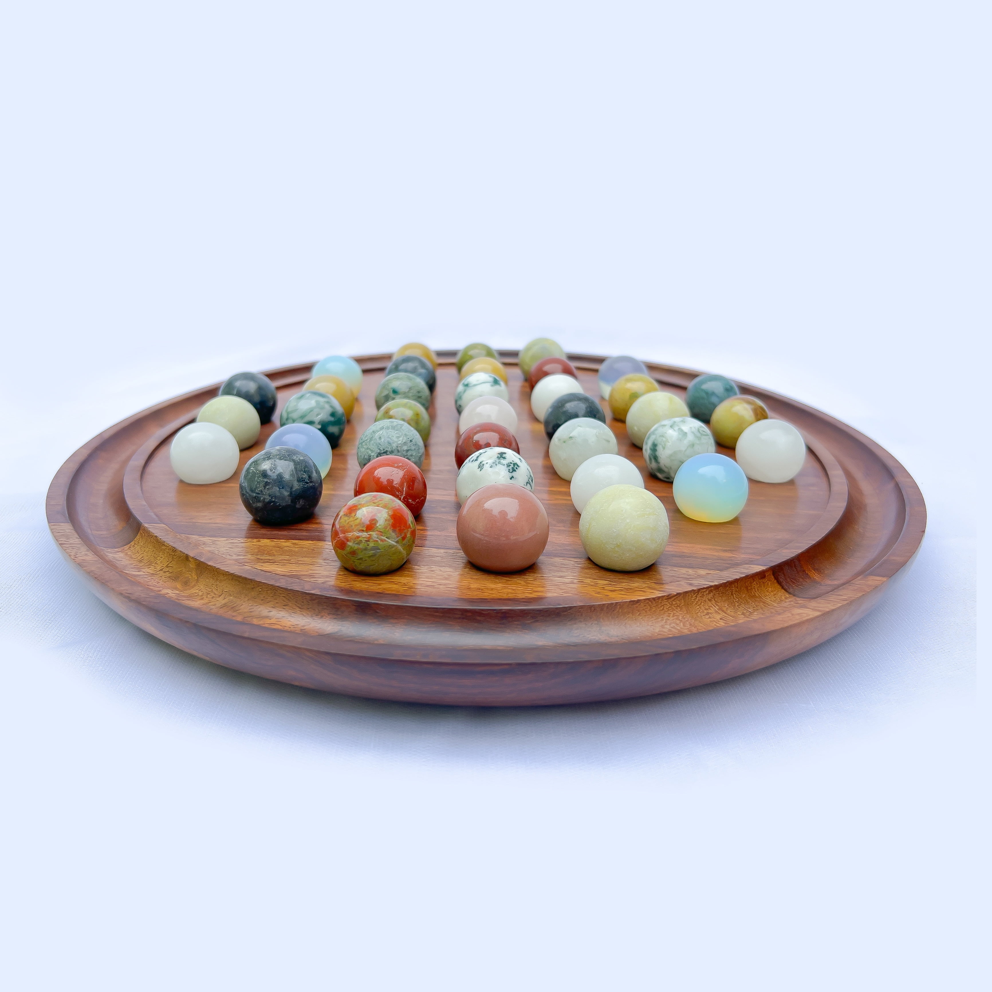 Handmade Wooden Marble Solitaire Board Game with Natural Marbles 16-inch - Classic Family Puzzle