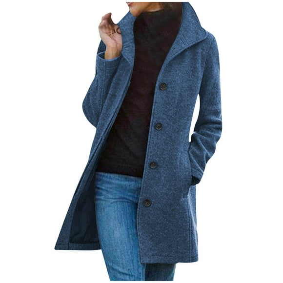 yoeyez Winter Coats for Women Casual Thicken Wool Blend Stand Collar Jackets Single Breasted Pea Coat Mid Long Outwear Jacket with Pockets Blue L