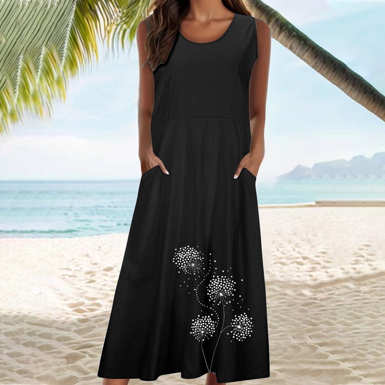 Einccm Women's Summer Cotton Linen Long Dress Sleeveless Casual Flowy Dresses Plus Size Loose Comfy Dress with Pockets, Size: 4XL, Black