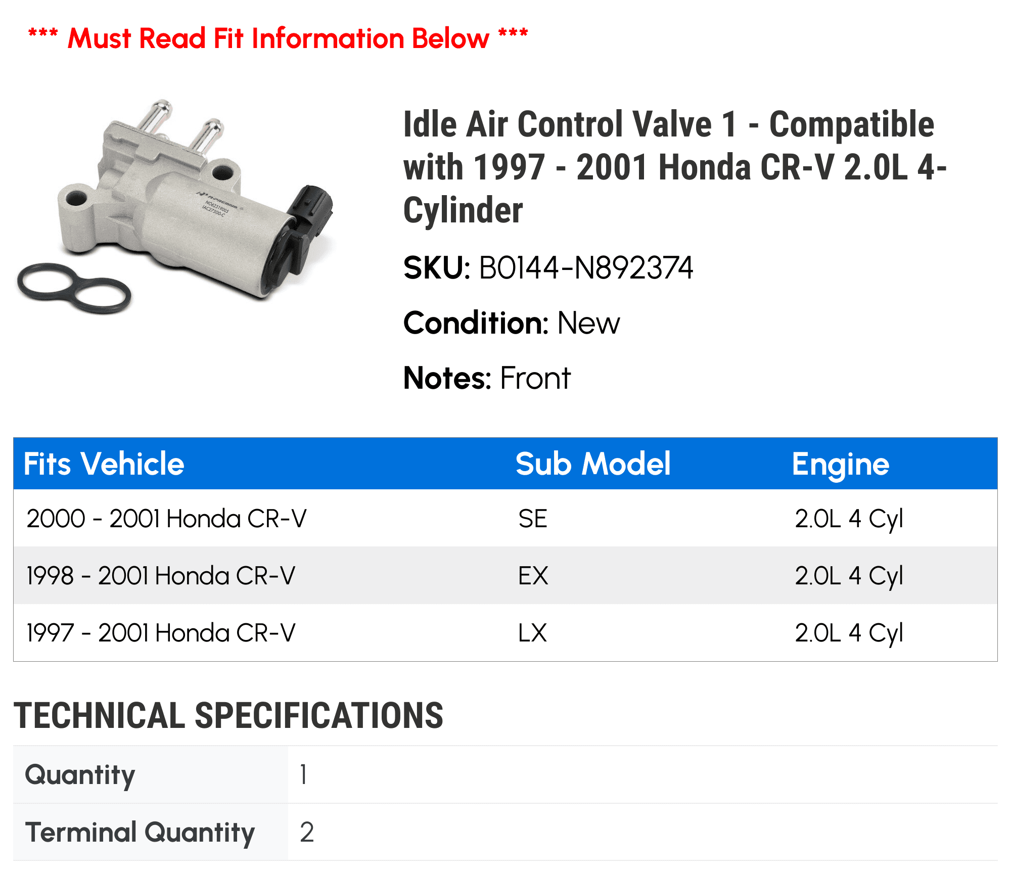 Idle Air Control Valve 1 - Compatible with 1997 - 2001 Honda CR-V 2.0L 4-Cylinder - Autopart Premium
