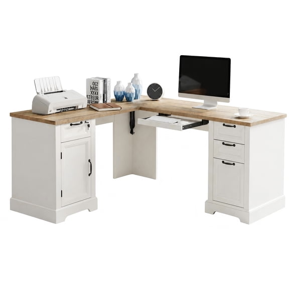 Haooyeah 69" Farmhouse L-Shaped Computer Desk with Storage Cabinet,Office Desk with Keyboard Tray Lockable Drawer and Charging Station