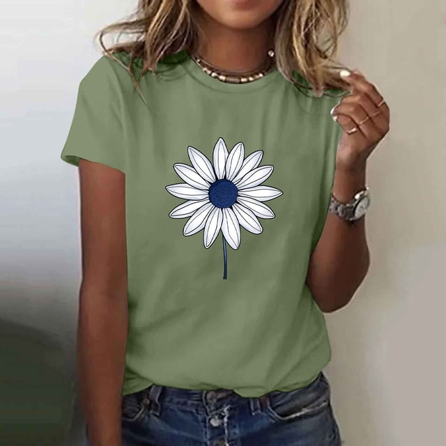 Ovbmpzd Hauts Amusants pour Femmes Vert Été Manches Courtes T-Shirts Graphiques Floraux pour Femmes S