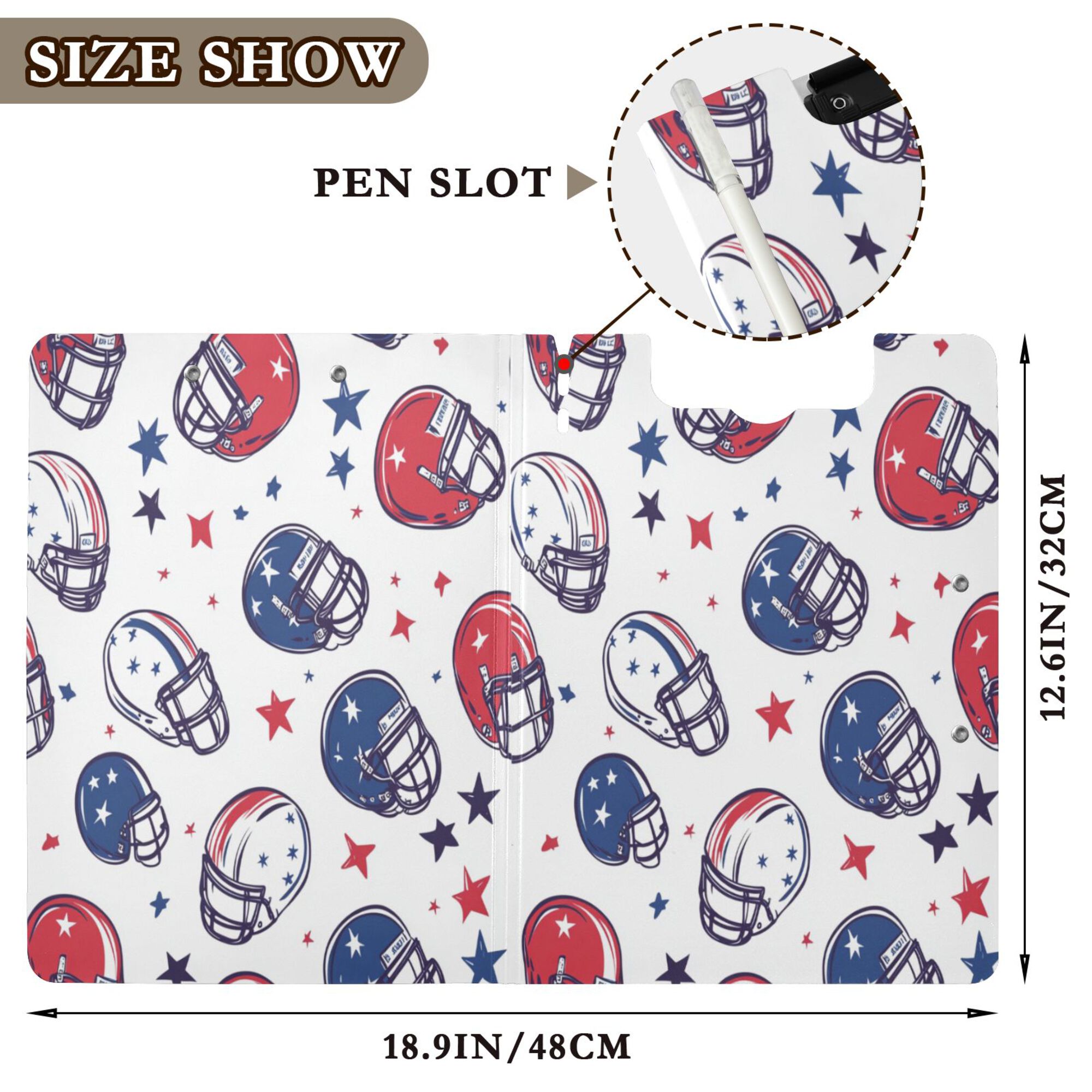 FORMRS A4 Clipboard Folder with Pen Holder Horizontal Foldable School Office Binder, Cartoon American Football Helmets