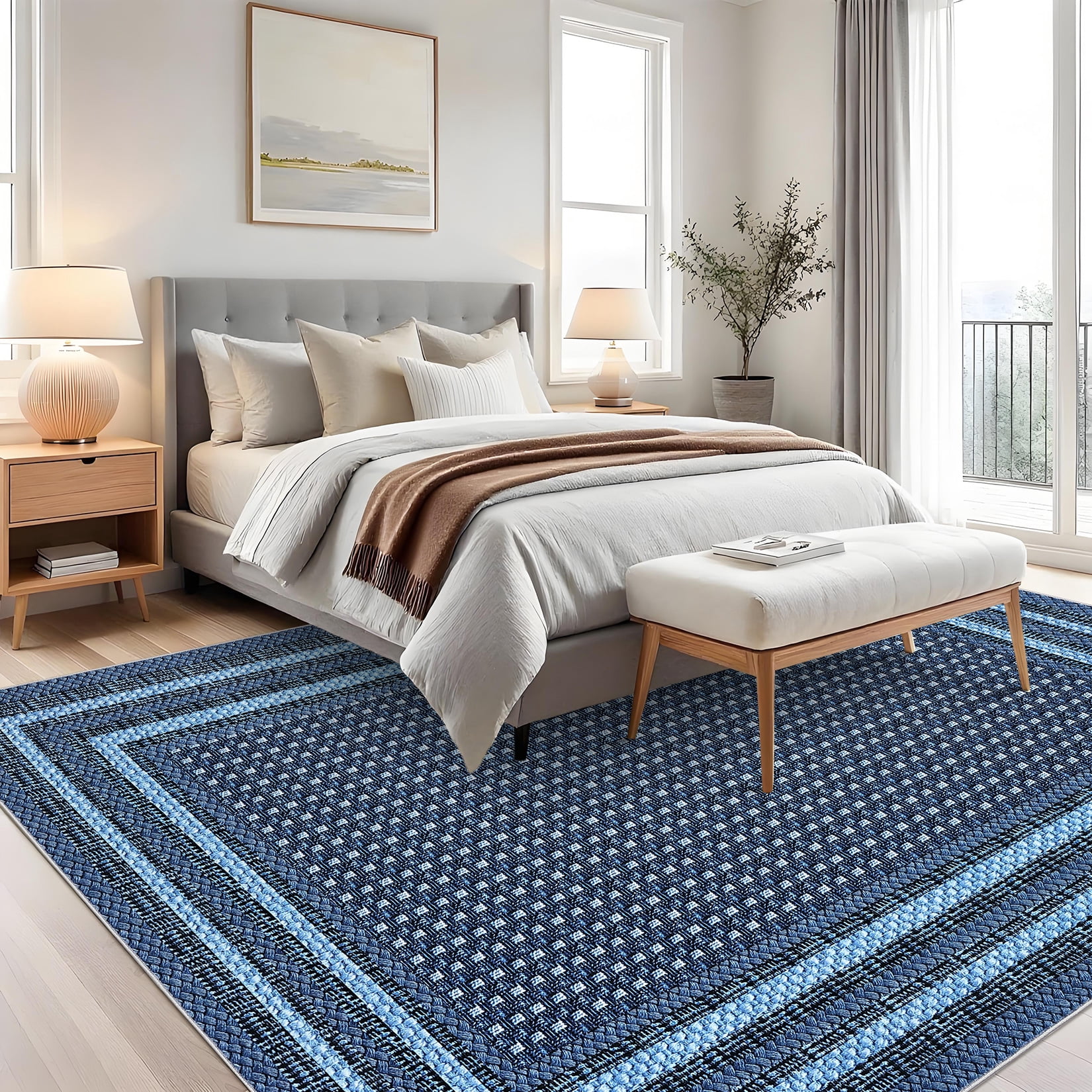 Garvee 5'x7' Bordered Print Area Rug Washable Rugs, Non Slip Modern Geometric Rug Stain Resistant Indoor Carpet for Living Room Bedroom Dining Room, Blue