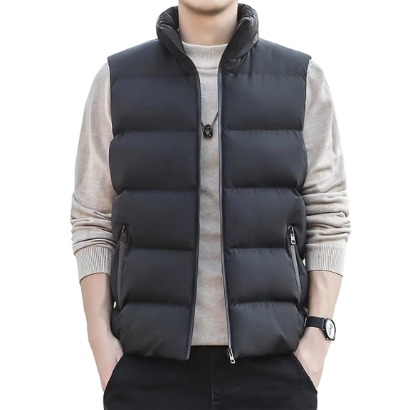 TKKCS Mens Stand Collar Puffer Vest Jacket- Winter Warm Full Zip Sleeveless Quilted Padded Waistcoat with Zipper Pockets Black Size XL
