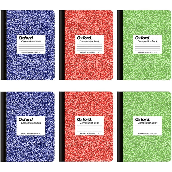Composition Notebook 6 Pack, Wide Ruled Paper, 9-3/4 x 7-1/2 Inches, 100 Sheets, Assorted Marble Covers, 2 Each: Blue, Green, Red (63762)