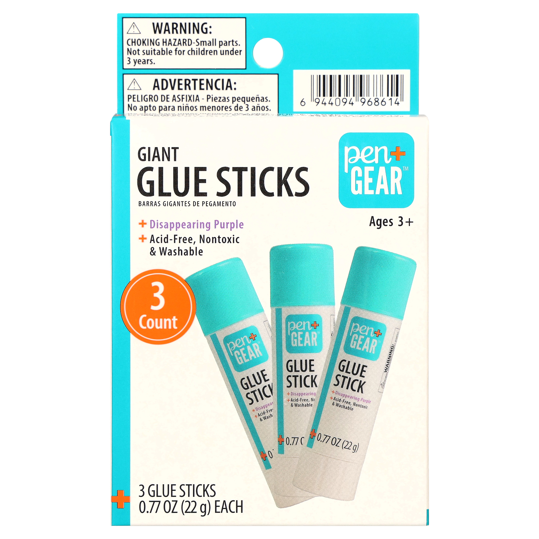 Pen+Gear Giant Glue Sticks, Disappearing Purple, Washable, 0.77 oz, 3 Count
