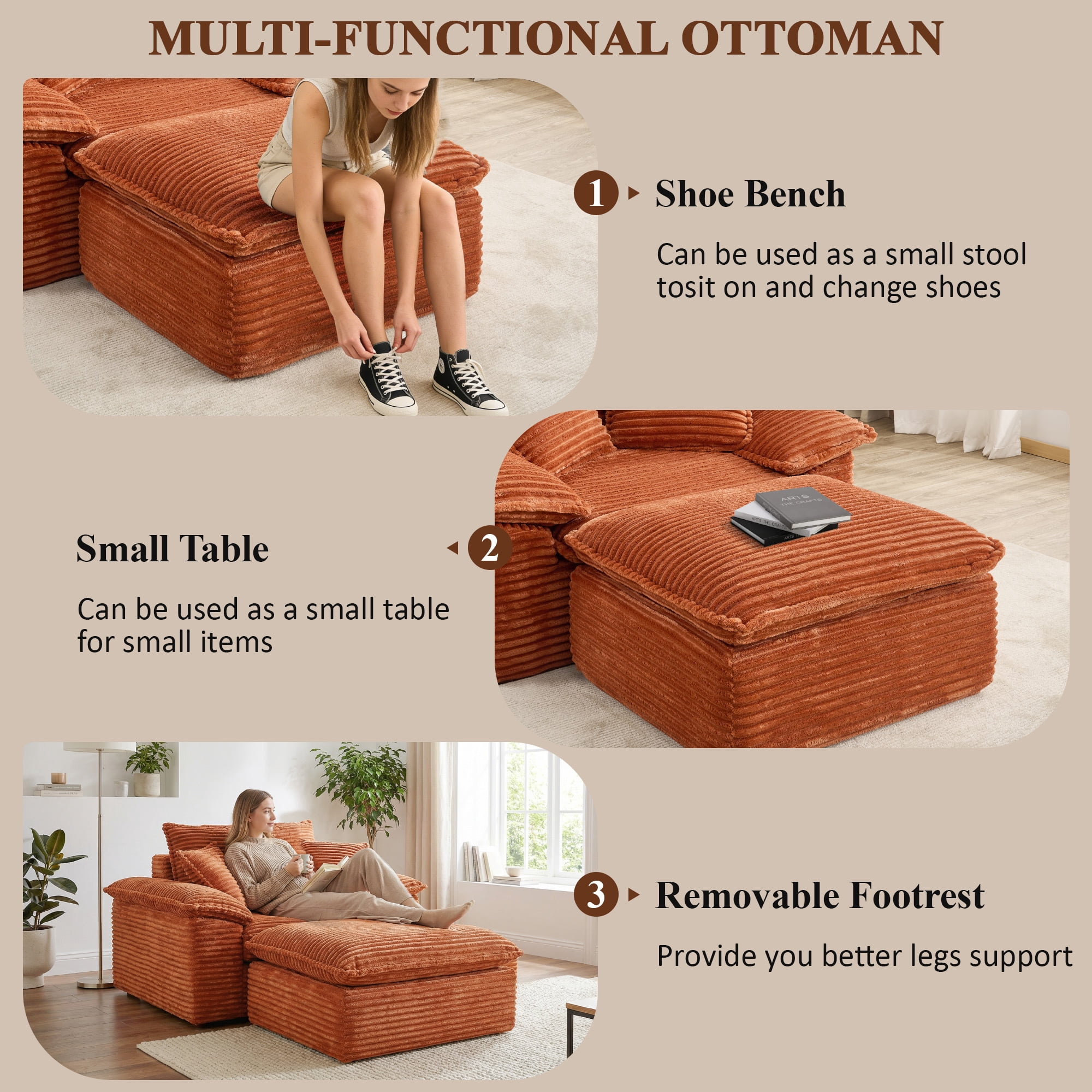 Aukfa 63.5" Oversized Chaise Lounge Sofa with Movable 2-Layer Ottoman, Deep Seat Boneless Couch, Corduroy Lounge Chair, Orange