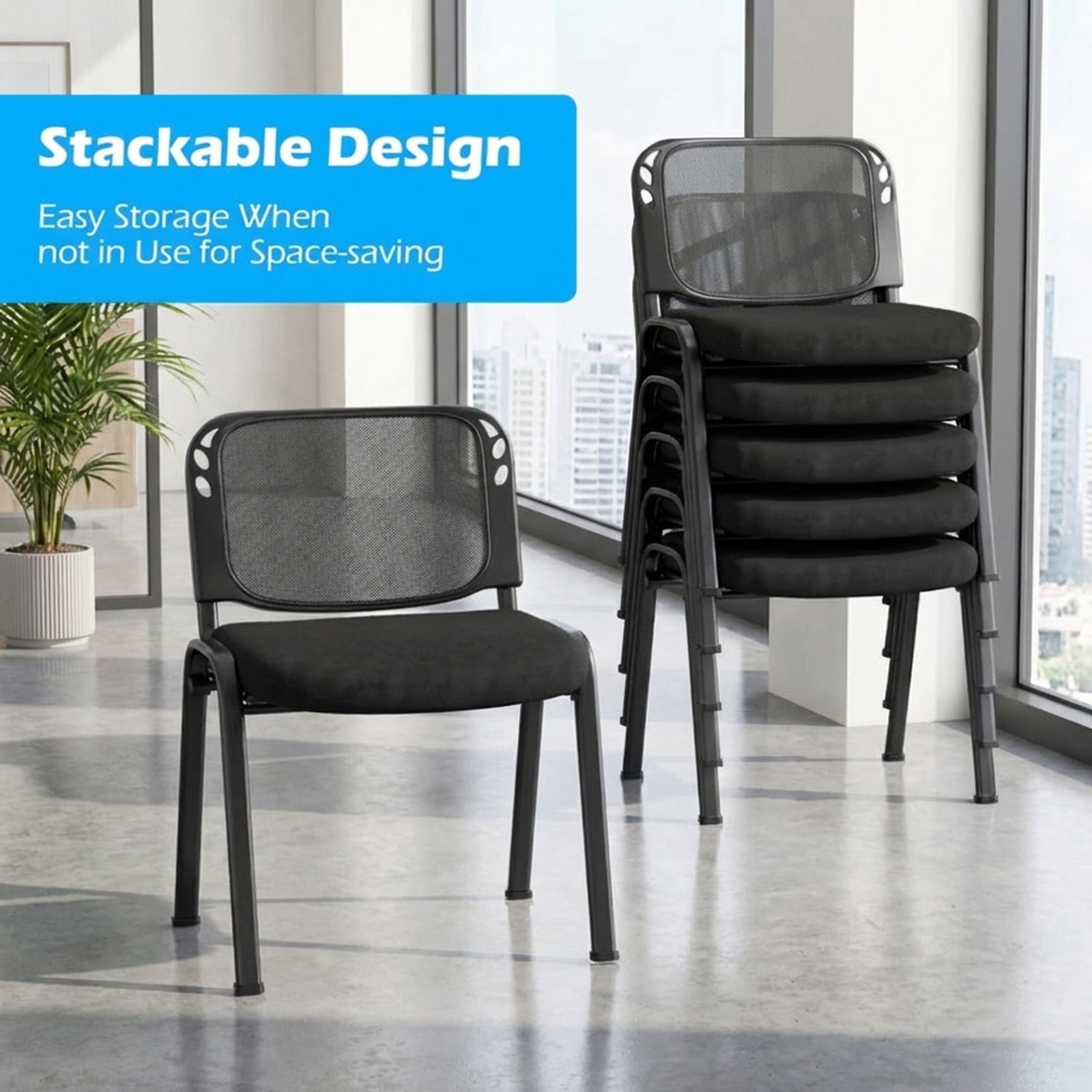 Furnibear Stackable Conference Chairs Set of 5 with Mesh Back, Ergonomic Guest Chairs Reception Waiting Room Chairs for Office Meeting, Black