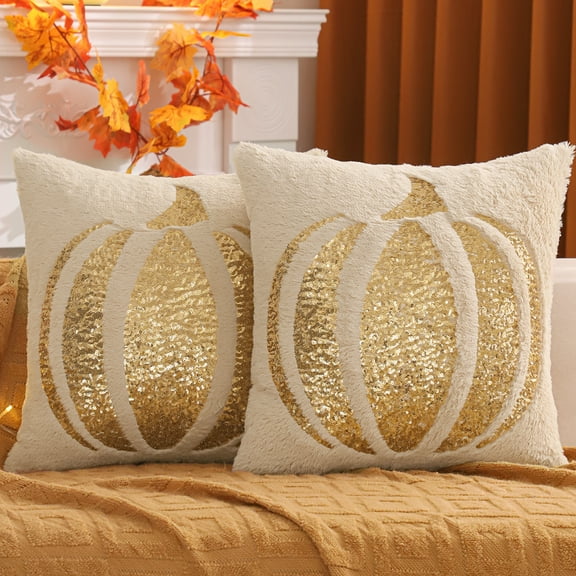 Fall Pillow Covers 18X18 Inch Set of 2 Beige Sequin Embroidery Pumpkin Throw Pillow Cases Halloween Thanksgiving Autumn Pumpkin Decor Pillowcases Square Cushion Covers