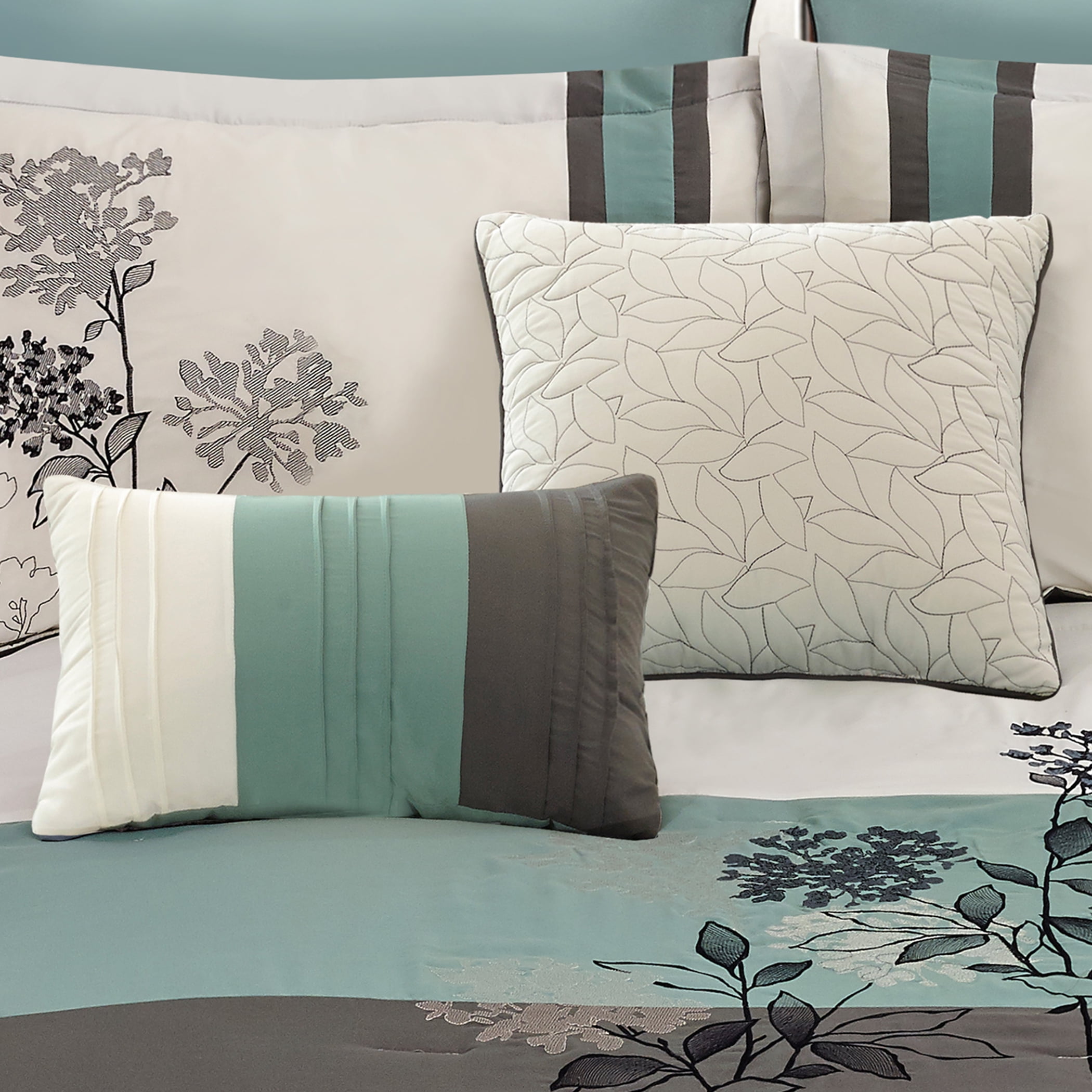 Riverbrook Home 8pc Comforter Set, Queen, Soft Teal, Emilie, Embroidered & Pieced, Polyfil