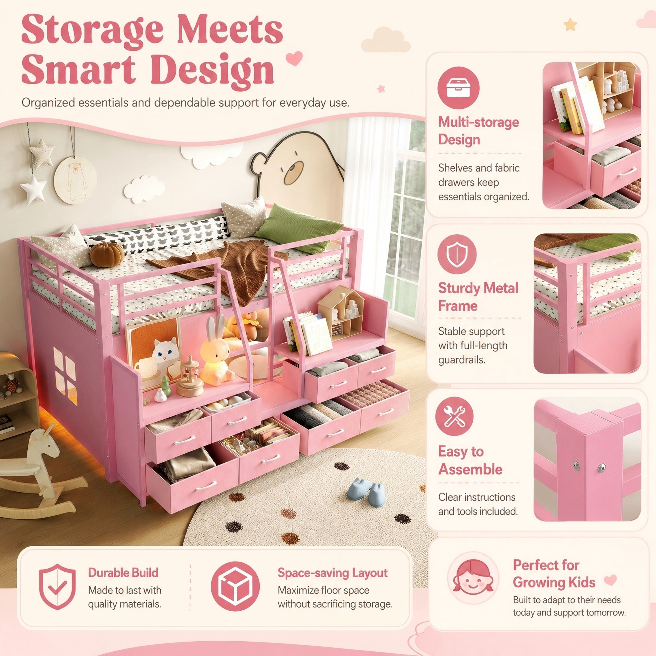 Aukfa Twin Low Loft Bed with 8 Storage Drawers, Shelves & LED Lights, Metal Loft Bed for Kids Bedroom, Pink