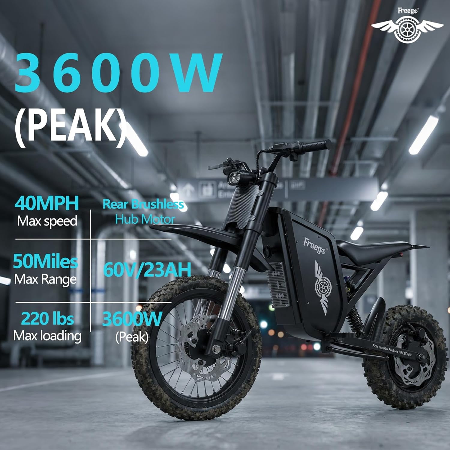 Freego X0 Electric Dirt Bike for Teens & Adults,3600W Peak Motor 40 MPH, 60V 23Ah Battery, 14"/10" All-Terrain Tires, Full Suspension & Dual Hydraulic Disc Brakes, Off-Road Electric Motorcycle UL2849