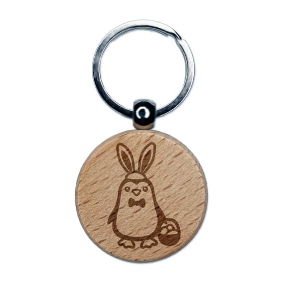Easter Penguin with Bunny Ears and Basket Round Keychain Charm Tag - Engraved Wood