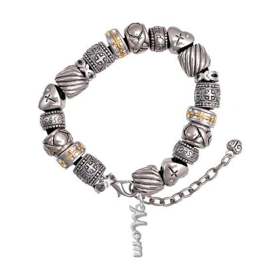 Silvertone Small Mom Script Silver Tone Christian Bead Bracelet