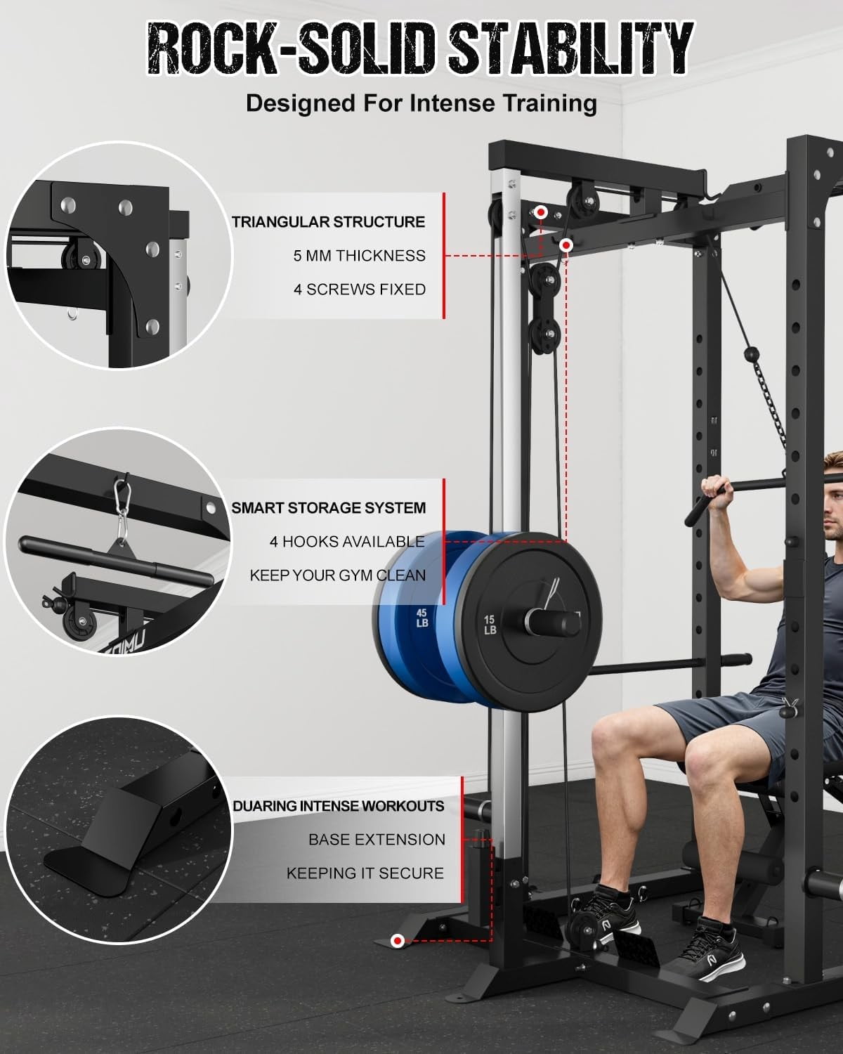 2000LBS Power Cage Squat Rack with LAT Pulldown System, Multi-Function Weight Cage Strength Training Machine, Home Gym Workout Cage with Multiple Attachments for Garage & Home Fitness