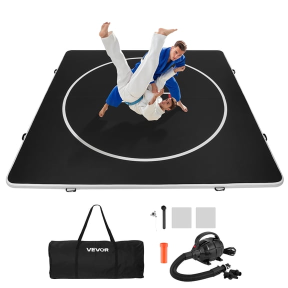 VEVOR 13x13 ft Wrestling Mat Inflatable, Martial Arts Thick Mat for Home Gym Exercise, PVC Foldable Training Mats with Circles and 600W Air Pump, for Gymnastics, Tatami, Jiu Jitsu BJJ MMA Judo, Black