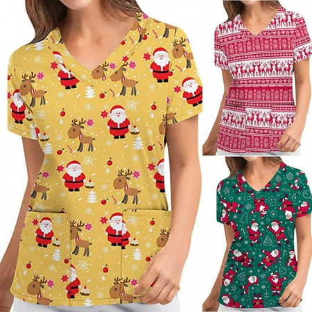 

Wirziis Christmas Costumes for Women Nursing Scrub Tops Christmas Printed Working Uniform Short Sleeve V-Neck Workwear Blouse T-shirt with Pockets