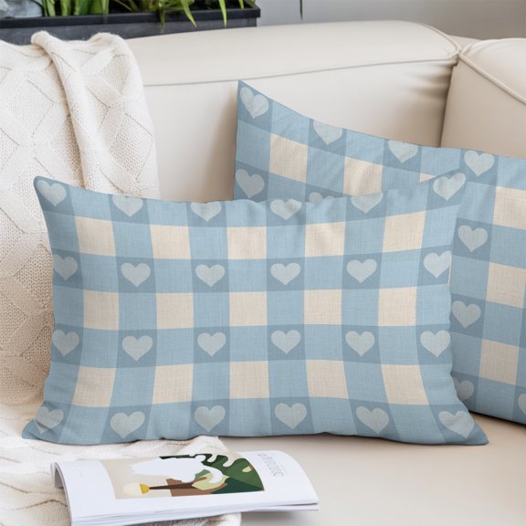 Blue Plaid Lumbar Pillow Covers 12x20 Inch, Country Cute Love Pastoral Heart Lattice Decorative Pillowcase with Zipper, Microfiber Pillow Protector, Breathable Throw Pillowcases for Couch Sofa Bed