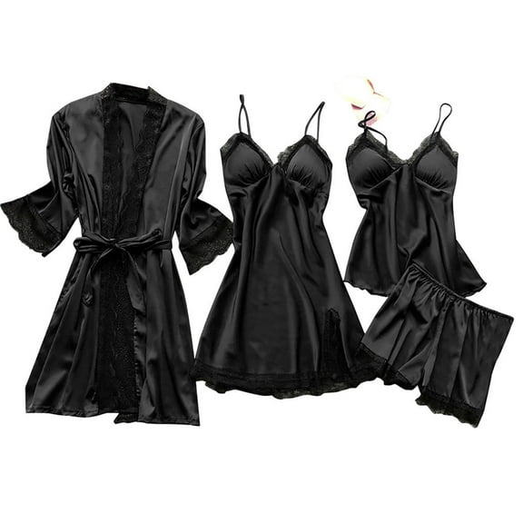 Nnhblu Womens 4pcs Lace Pajamas Sets Camisole with Short and Nightgown Pjs Satin Sleepwear Loungewear Black Sleepwear for Women