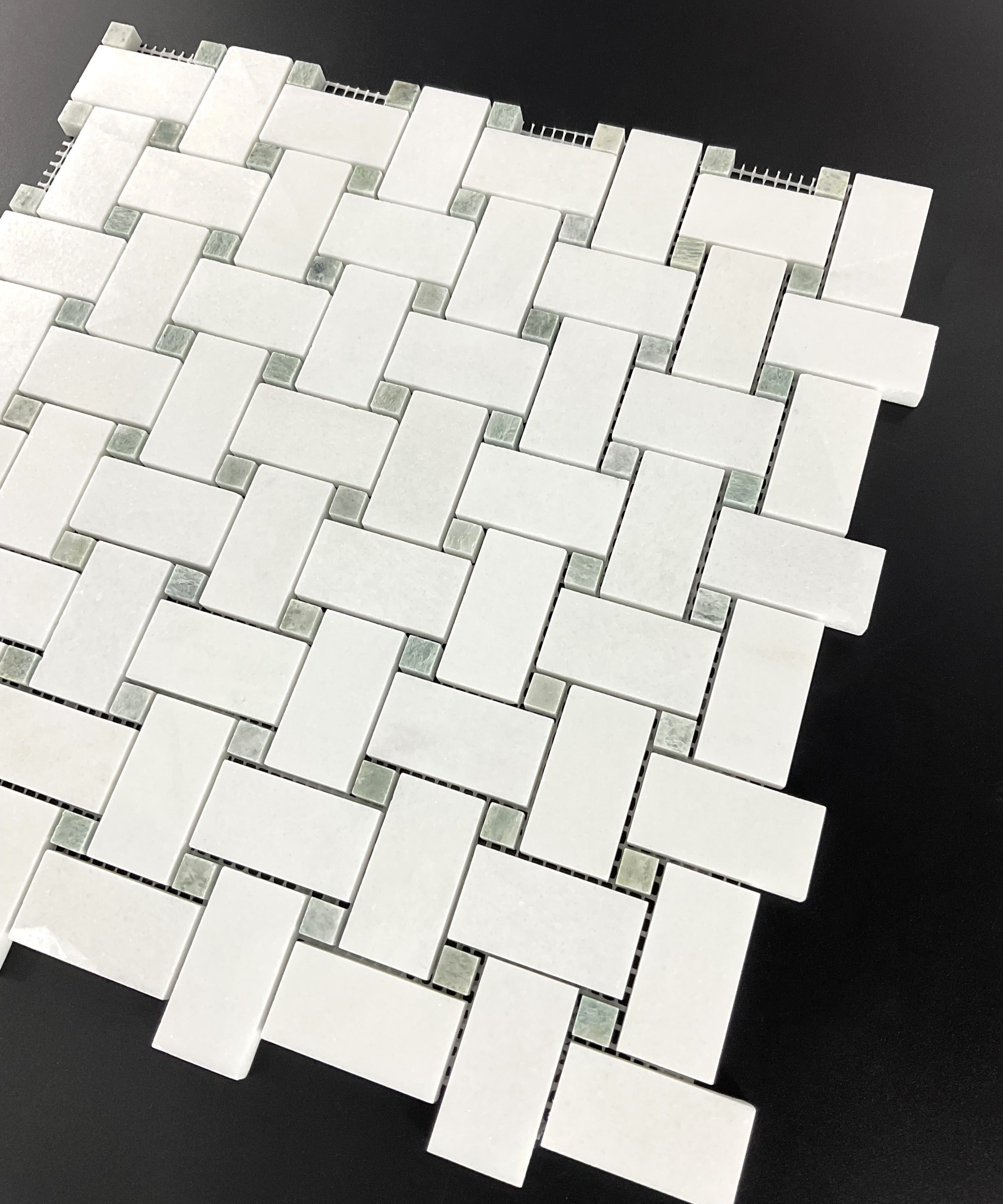 10-Pieces of 1" x 2" Thassos White and Ming Green Dot Marble Basketweave Mosaic Floor and Wall Tile