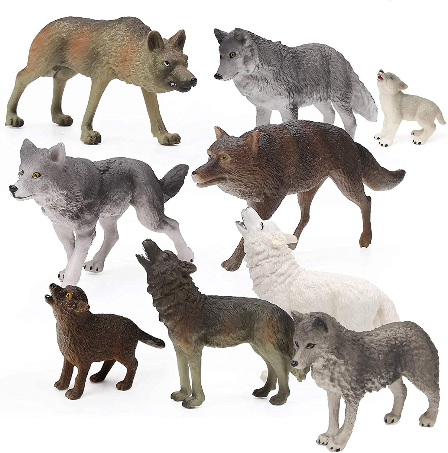 9pcs Wolf Toy Figurines Wolf Animals Figures for Kids Wolf Toy Playset Cake Toppers Decoration 