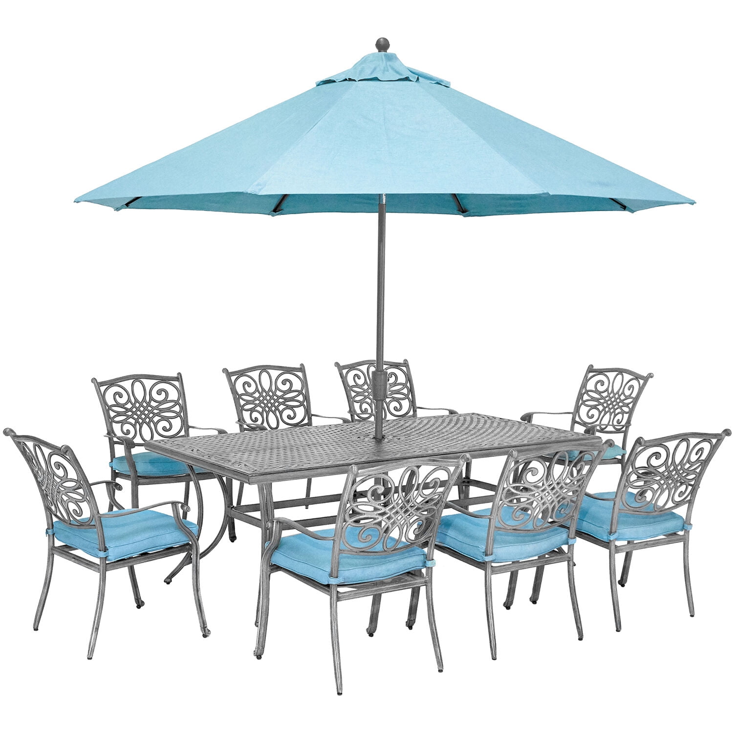 Hanover Traditions 9Piece Gray Patio Dining Set with 8 Chairs, Blue Cushions, CastTop Dining