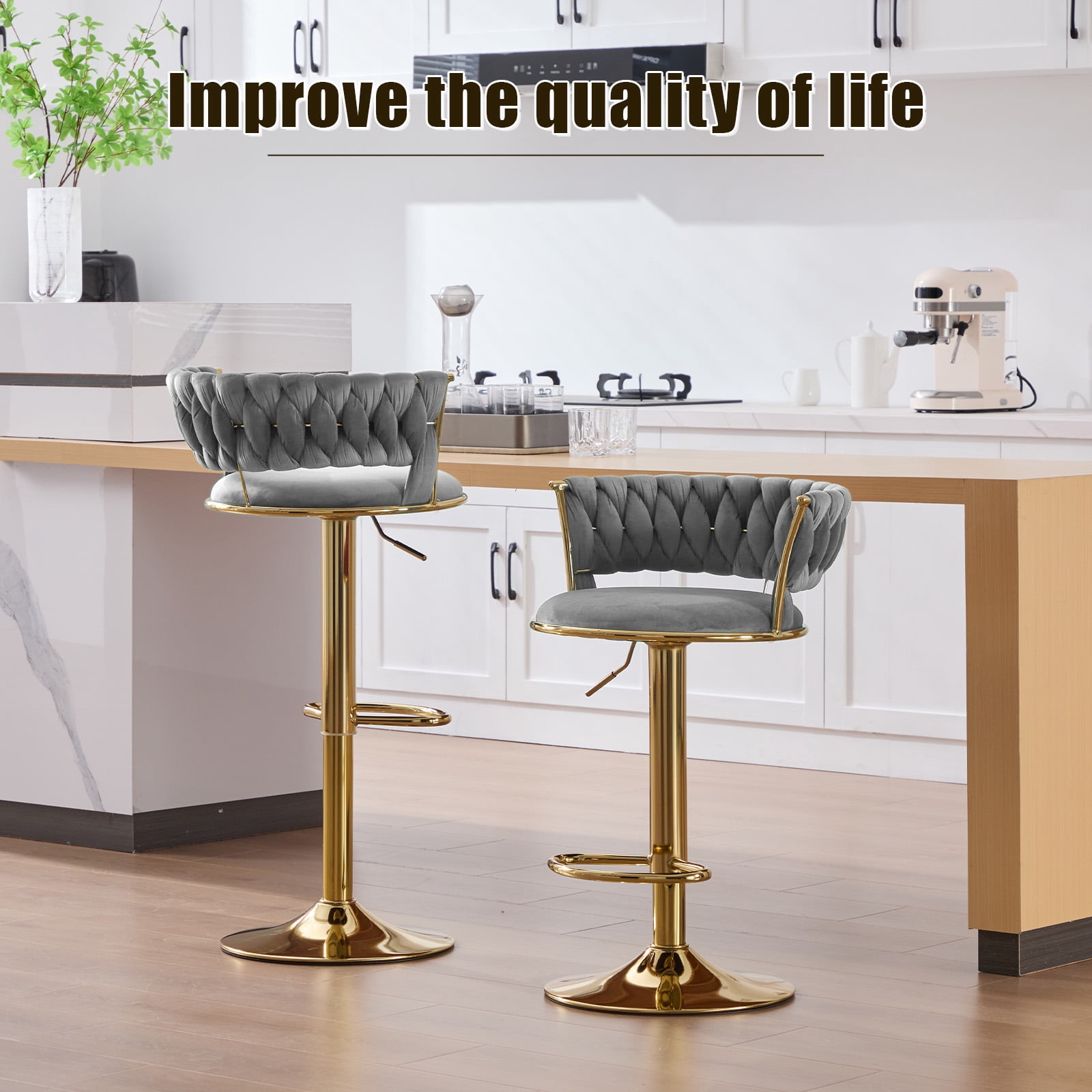 MOONMISS Velvet Bar Stools Set of 2,Height Adjustable Swivel Counter Chairs with Back,Modern Gold Metal Base for Kitchen Pub,Gray
