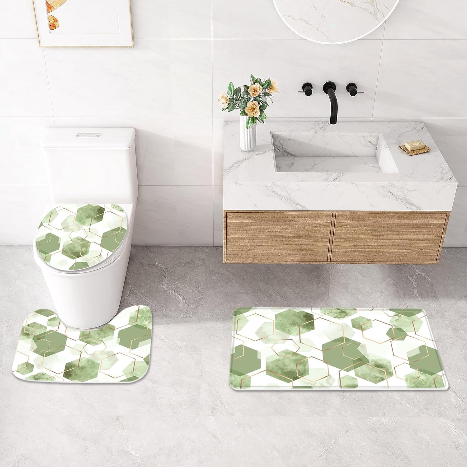 4Pcs Green Geometric Shower Curtain Set with Rug, 12 Hooks, Bath Mat and Rugs