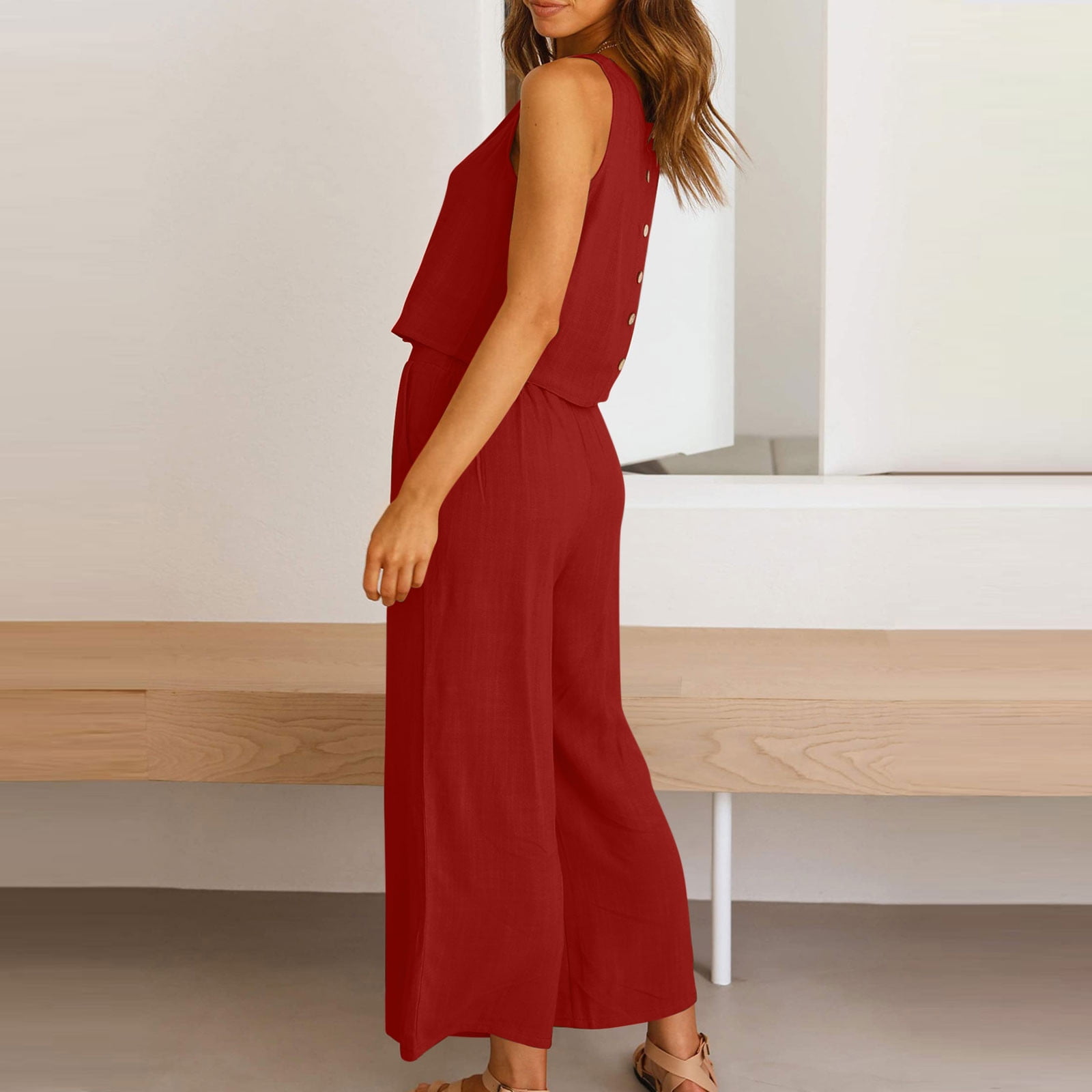 SOOMLON Graduation Outfit for Women Guest 4th of July Outfits Round Neck  Crop Basic Top Cropped Wide Leg Pants Set Pocket Red S - Walmart.com